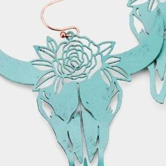 5/$25 Steer Head Flower Patina Verdigris Earring - Picture 4 of 7